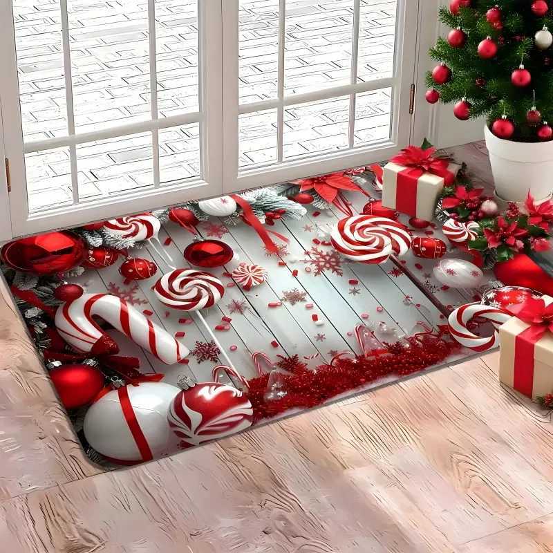 Red And White Candy Crutches With Gingerbread Christmas Doormat Soft Plush Front Door Kitchen Living Room Holiday Home RugM251117