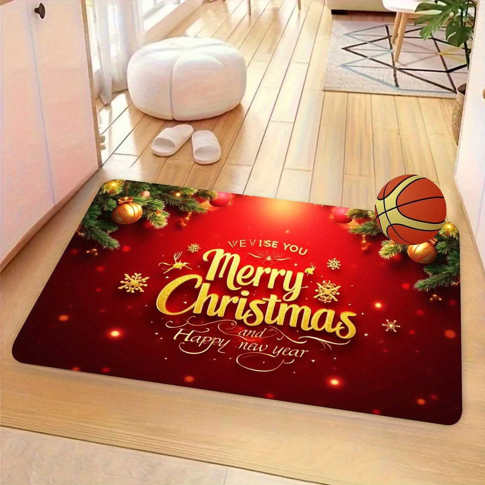 Christmas New Year Doormat Carpet Red Golden Merry Christmas Print Non-Slip Polyester Machine Washable for Home Entrance DecorM251117
