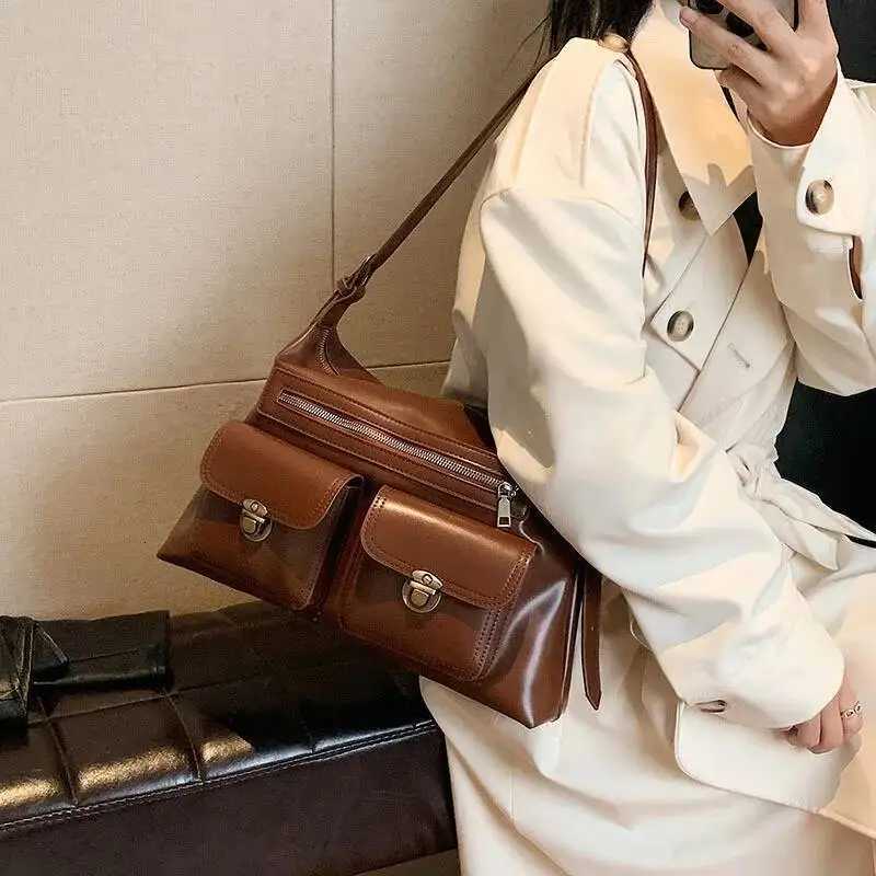 Bloom Vintage Brown Shoulder Bag Women Retro Pu Leather Soft Pocket Casual Handbag Female Moto Biker Y2k Handbags AestheticW251115