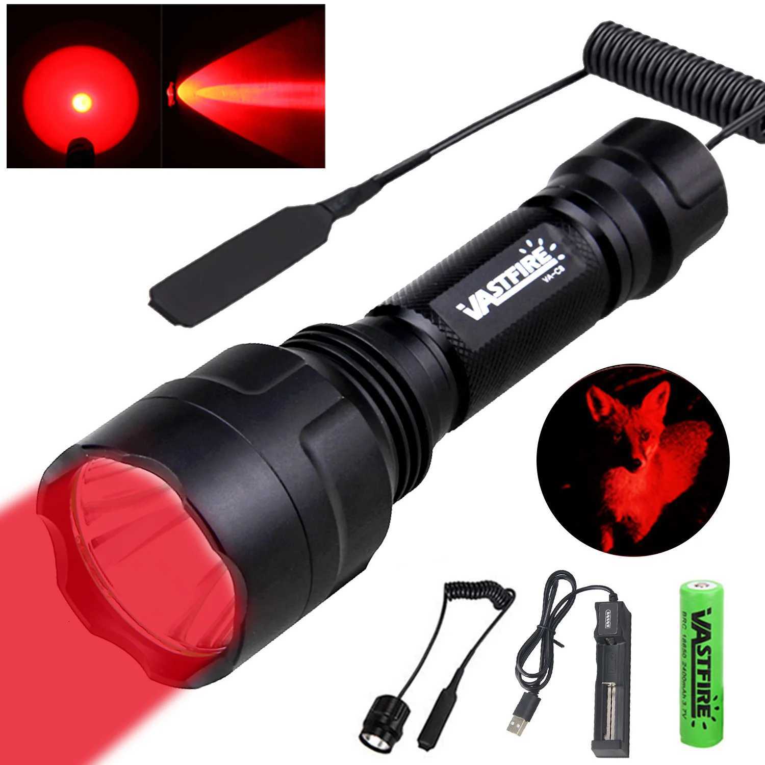 VASTFIRE Powerful 400 Yards Red LED Hunting Flashlight Tactical C8 Predator Handheld Torch 1-Mode Lamps for Coyote Hog Varmint M251117