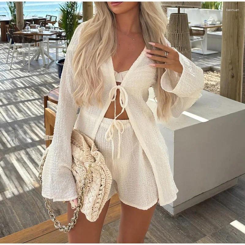 Womens Tracksuits 2025 Summer Hollow Lace Up Beach Suit Casual Long Sleeved Two Piece Set Sexy V Neck Top With Shorts Outfits