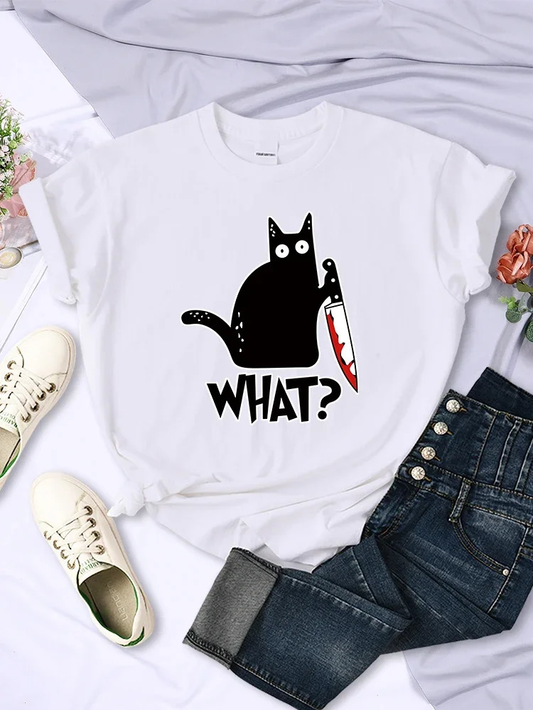 Kitchen Knife Black Cat Wha? Print Female Short Sleeve Fashion Women T-Shirts Summer Cool Men Tees Clothes Street Plus Size Tops 250417