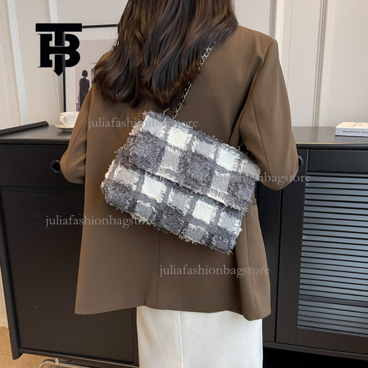 TB BHULAMTE Designer Denim Tassel Women's Shoulder Bag New Tie Dyed Canvas Casual Commuting Handbag Versatile Large Capacity New Phone Bag Chain 