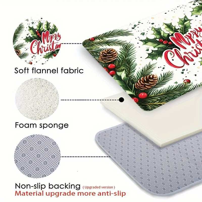 Merry Christmas Holly Print Flannel Doormat Thick Soft Machine Washable Non-Slip Rug for Kitchen Living Room Holiday DecorM251117