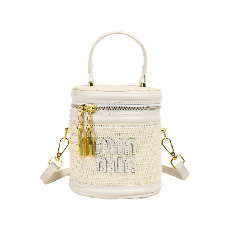 designer bag 2025 new Women's small rattan bag, fashionable and trendy niche crossbody bag textured contrasting color letter hand-held bucket bag