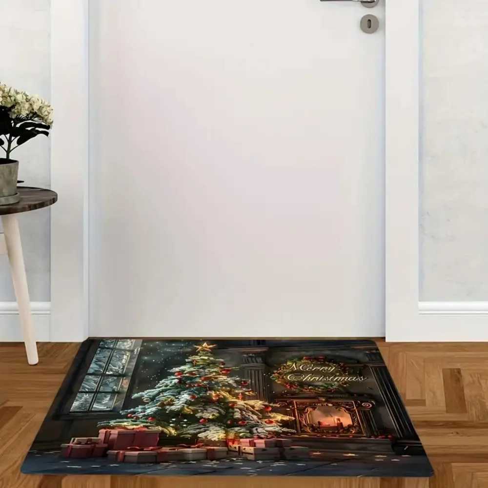 1pcs Merry Christmas Premium Flannel Christmas Tree Fireplace Doormat Strap Non-Slip Washable Rug for Kitchen Den BathroomM251117