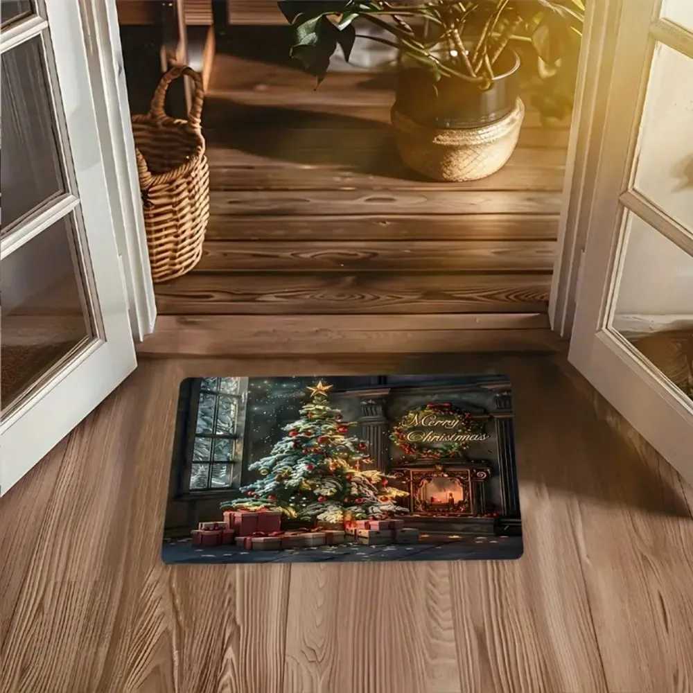 1pcs Merry Christmas Premium Flannel Christmas Tree Fireplace Doormat Strap Non-Slip Washable Rug for Kitchen Den BathroomM251117