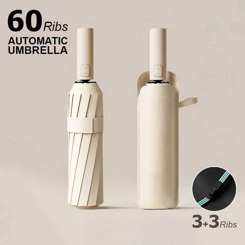 60Bones Windproof Automatic Umbrella with Leather Umbrella Cover Portable Compact Folding Umbrella Suitable for All Weather C251117