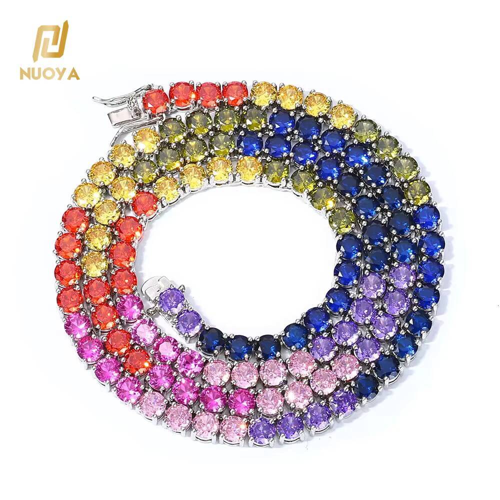 Moissanite 5mm Colorful Gemstone Tennis Chain Necklace Silver Plated Necklace Hip Hop Jewelry Shiny Zircon Iced Out Tennis Chain