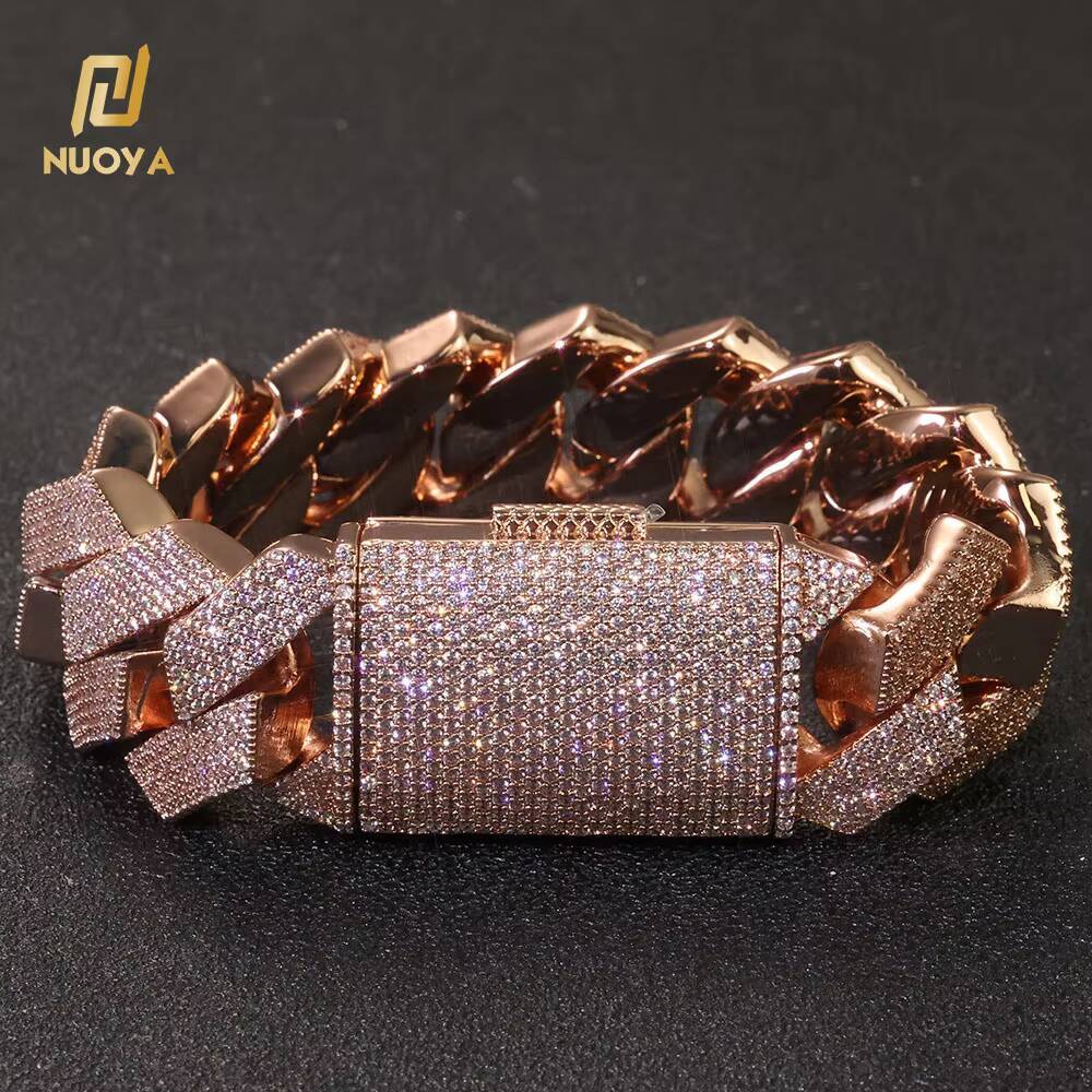 Moissanite 25mm Chunky Cuban Chain Bracelet Hip Hop Jewelry Rose Gold Plated Iced Out Full Diamond Prong Link Bracelet Gift for Men Women