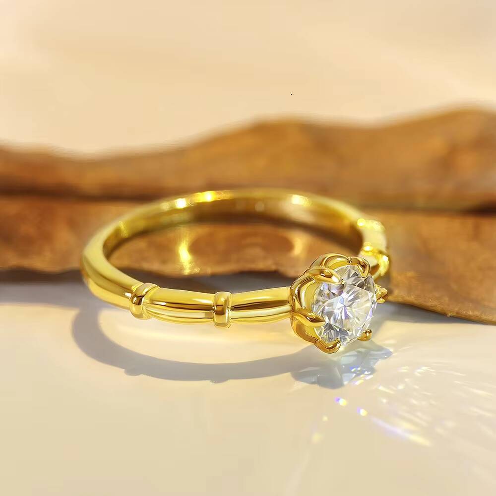 FOXI 18k Gold Vermeil Engagement Ring 05Ct Moissanite Diamond Bamboo Solitaire Ring 925 Sterling Silver Moissanite Wedding Ring