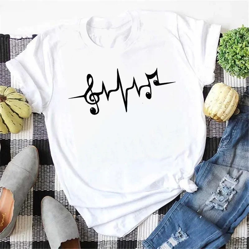 Plus Size Maycaur Harajuku Women T Shirt Music Note Printed Tops Women Black T-shirt Ladies Fashion Graphic Tees Female Tops 250417