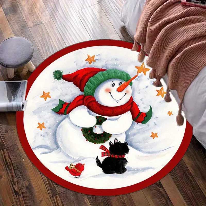 Snowman Christmas round rug festive winterholiday decor living room floor mat soft plush carpet with dog and birdkids and familyM251117