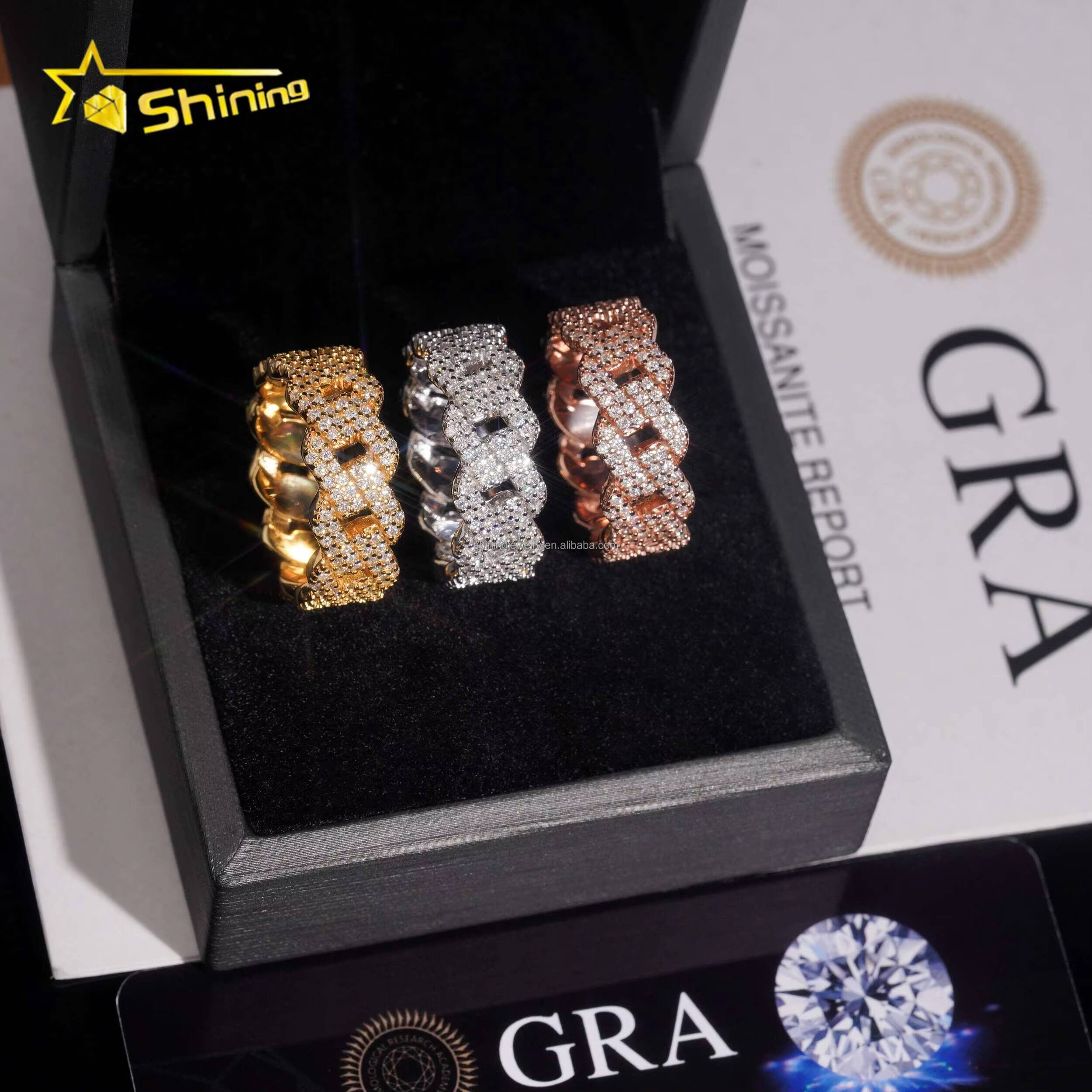 Bulk Stock Drop Shipping Fire Shining Jewelry Iced Out Man Jewelry Hip Hop 925 Silver Jewelry Moissanite Diamond Cuban Band Ring