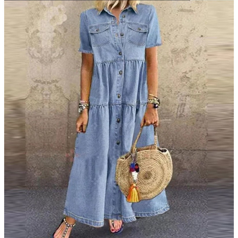 2025 Summer Designer Dresses For Woman Quick Selling Outong Denim Style Long Multi Button Vintage Dress