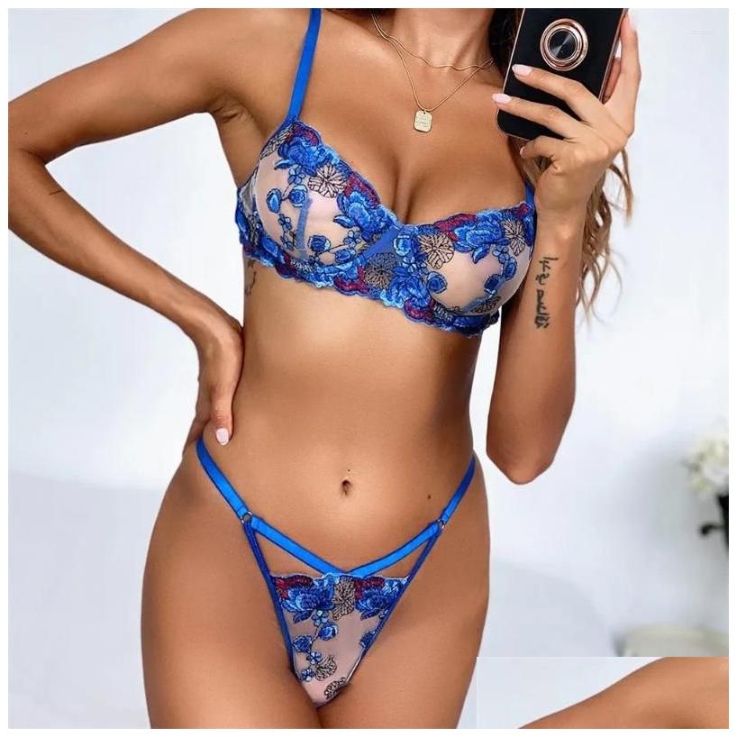 Bras Sets Floral Embroidery Push Up Bra And Panty Set Women Y Lingerie Transparent Temptation Costumes Sensual Underwear Langerie Drop Ot3W5