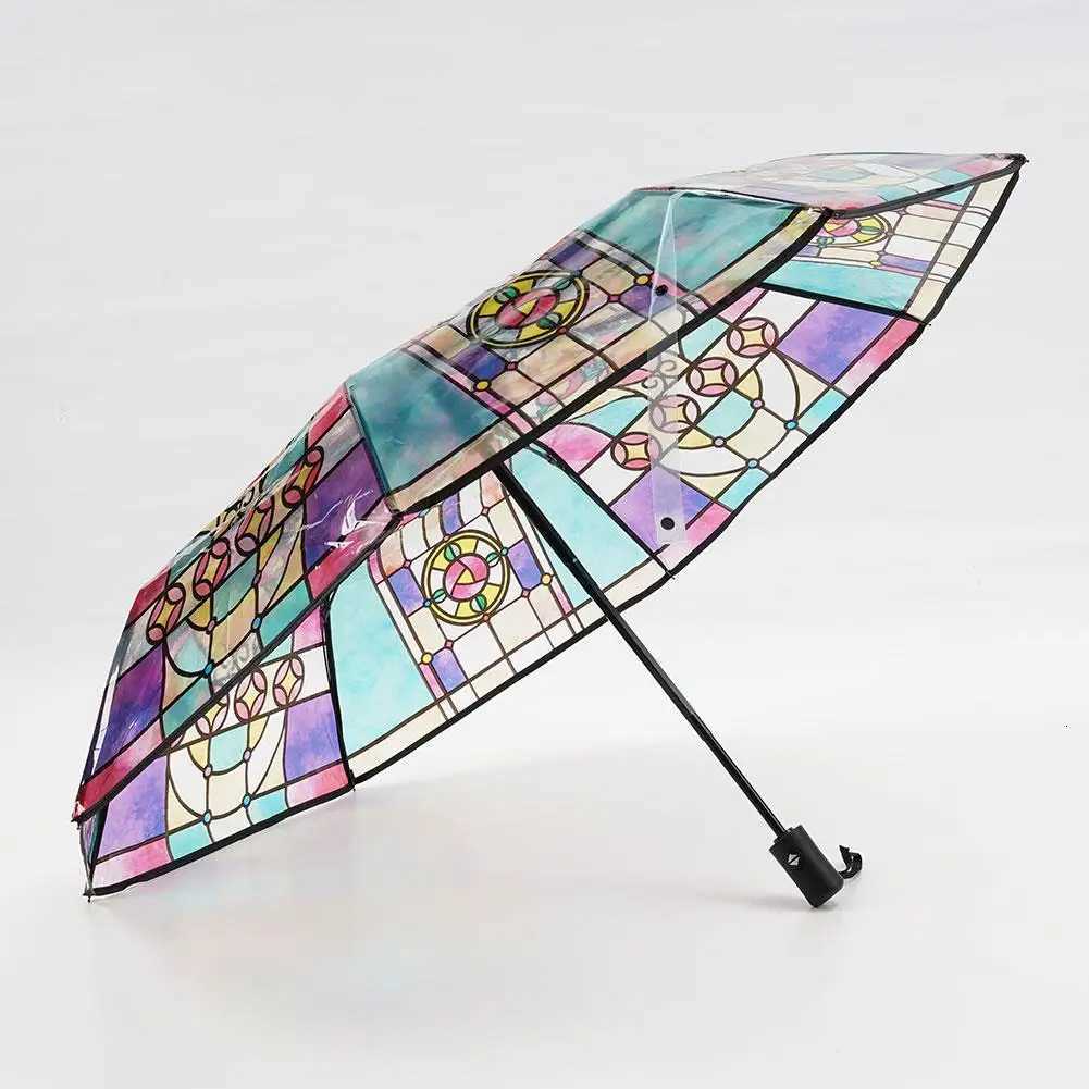 Creative Automatic Umbrella Three-fold Transparent Unique Colorful Glass Pattern Long Handle Ultra-large Lightweight Umbrella C251117