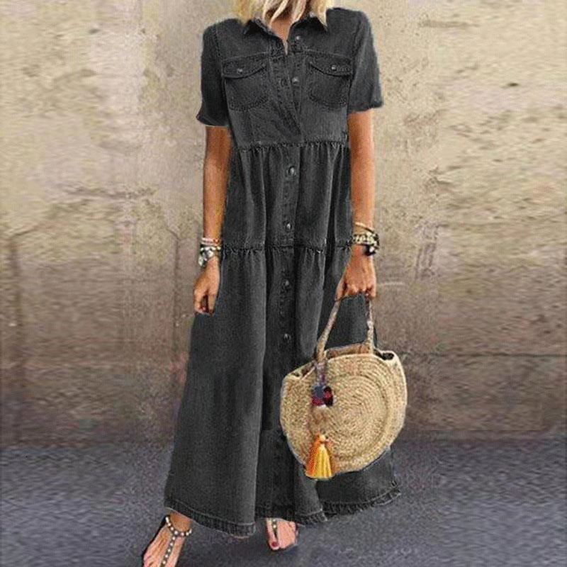 2025 Summer Designer Dresses For Woman Quick Selling Outong Denim Style Long Multi Button Vintage Dress