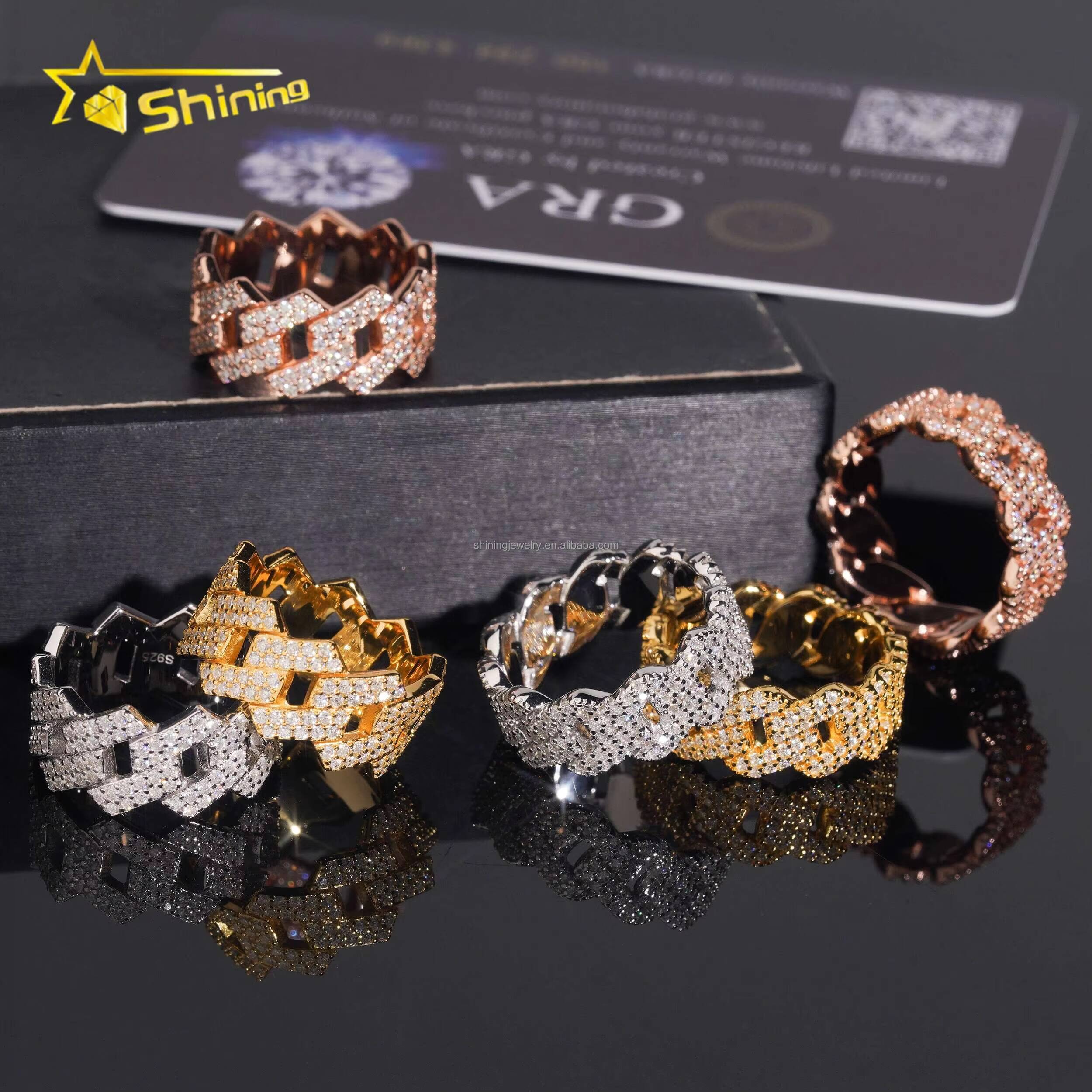 Bulk Stock Drop Shipping Fire Shining Jewelry Iced Out Man Jewelry Hip Hop 925 Silver Jewelry Moissanite Diamond Cuban Band Ring