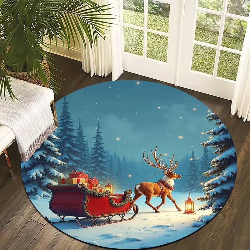 1pc Reindeer Sleigh Snowy Forest Round Mat - Non-Slip Machine Washable Circular Mat with Santa Sleigh Reindeer Design SoftM251117