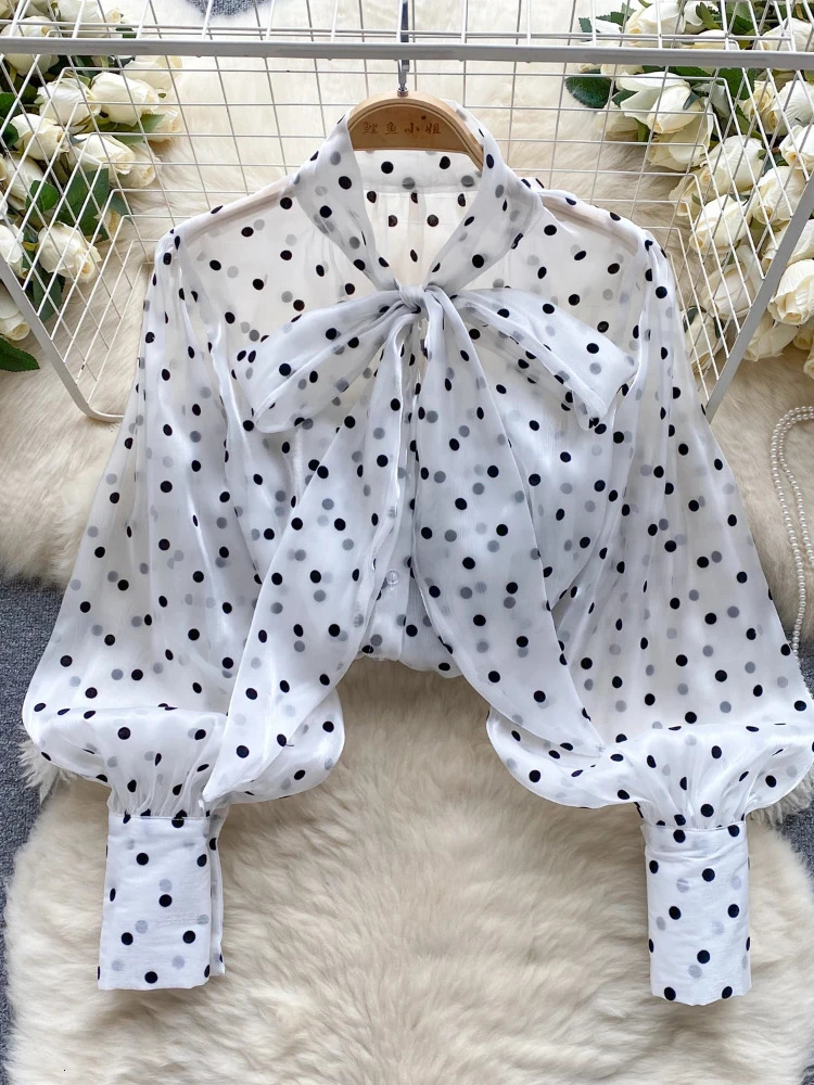 2025 Womens Vintage Festival Polka Dots Single Breasted Shirt Elegant Sweet Bow Long Sleeve Loose Office Ladies Blouses Tops 250417