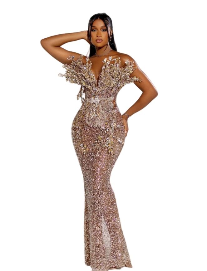 Aso Ebi Gold Florals Mermaid Prom Dress Sequined Evening Formal Party Second Reception 50th Birthday Engagement Gowns Dresses Robe De Soiree N17