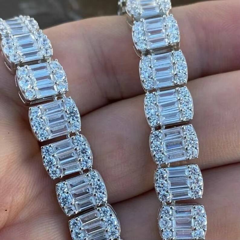 Rapper Iced Jewelry Iced Out Baguette Cut VVS Moissanite Diamond Cluster Tennis Chain 925 Silver Necklace for Men Women
