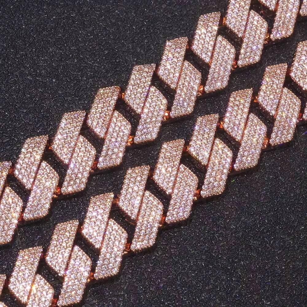 Moissanite Luxury Miami Cuban Link Chain Necklace 15mm 4 Row Iced Out CZ Prong Rose Gold Plated Hip Hop Jewelry