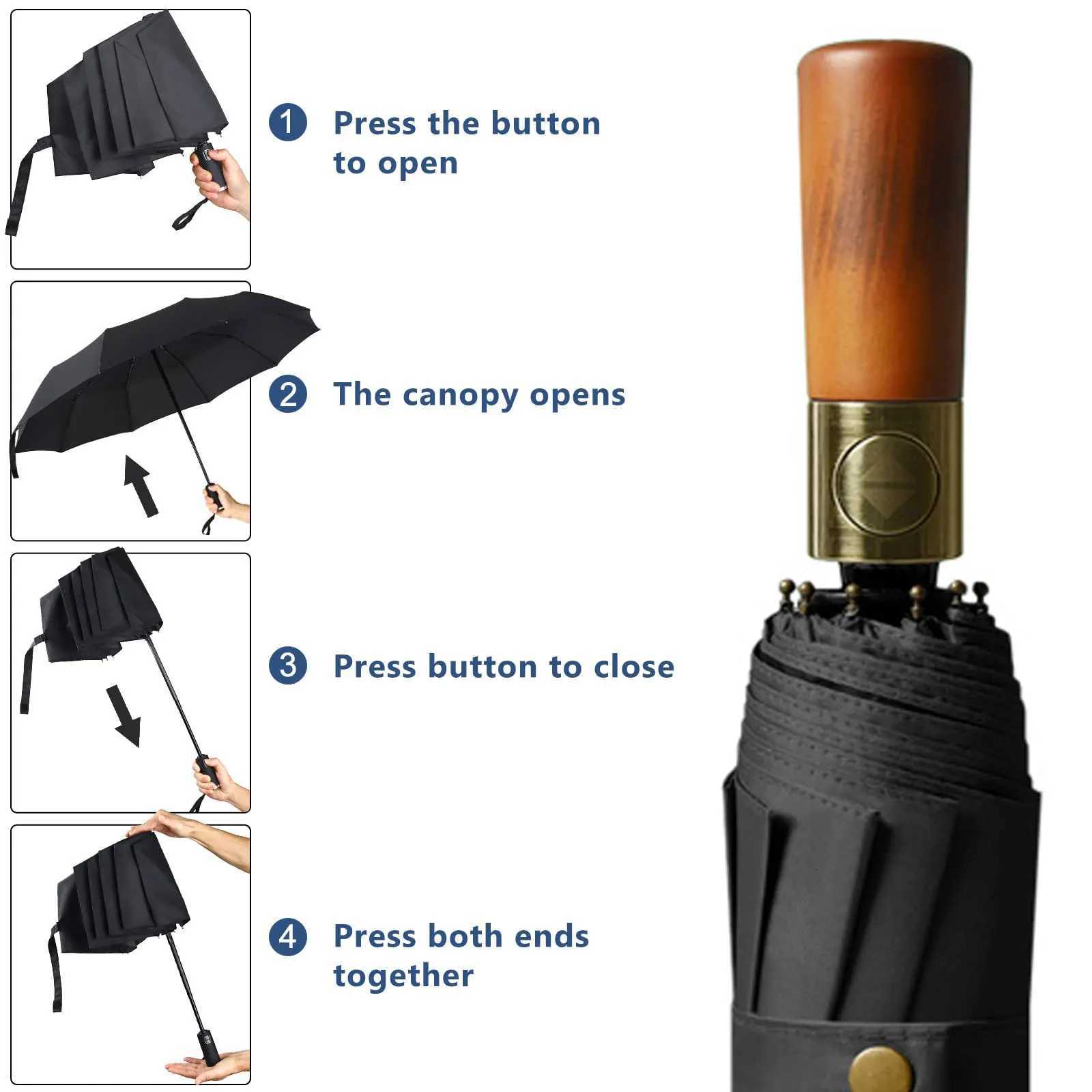 UV Umbrella for Men Women 12Ribs Wooden Handle Automat Umbrella Windproof Fold Strong Vinyle Business Luxury Travel Accessories C251117