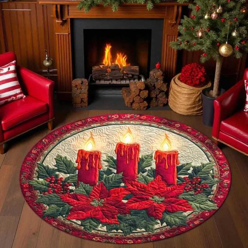 Round Rug Festive Red and Green Holiday Floor Mat for Living Room Cozy Xmas DecorM251117