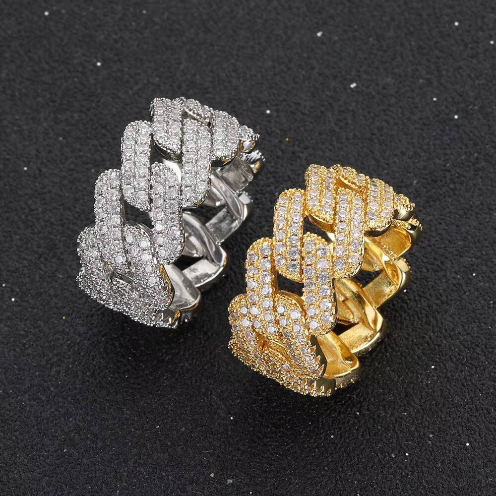Moissanite Trendy Hip Hop Men Gold Diamond Ring Gold Plated Bling Cubic Zircon Iced Out Cuban Chain Rings