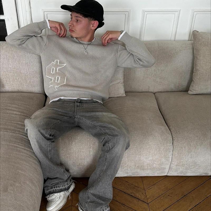 Men's Tracksuits 2 Pcs Set Autumn Winter Retro Knitted Sweater Jeans Suit Trendy Hip Hop Dollar Embroidery Streetwear Unisex Baggy