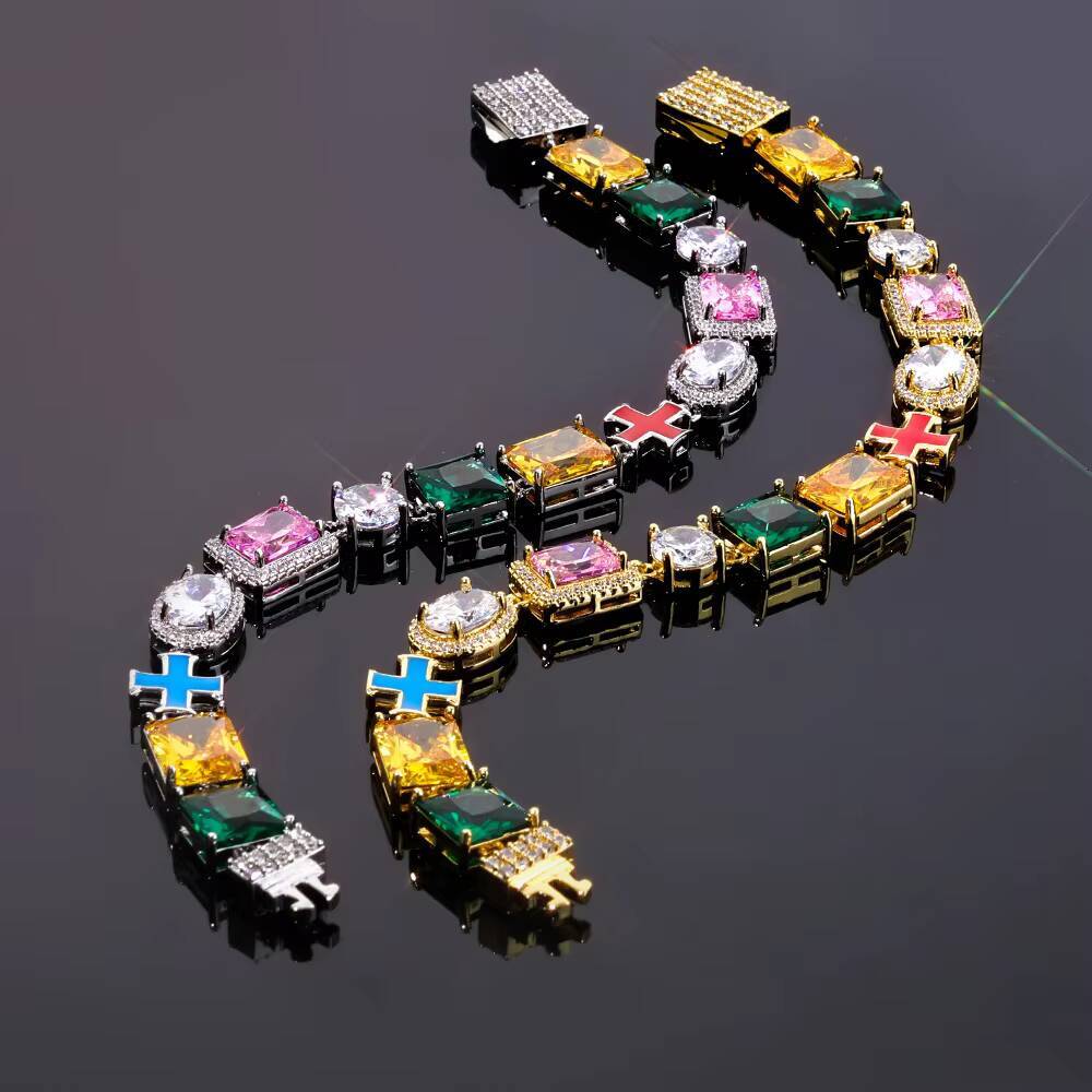 NUOYA Geometric Gemstone Bracelet 10mm Oil Drop Cross Chain Multi Color Enamel Iced Out Zircon Bling Hip Hop Jewelry