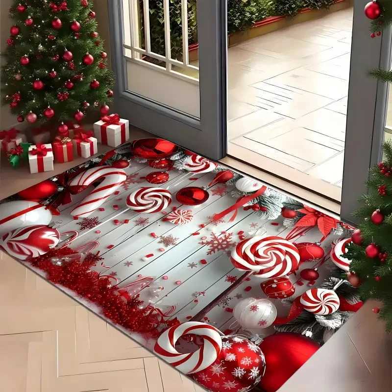 Red And White Candy Crutches With Gingerbread Christmas Doormat Soft Plush Front Door Kitchen Living Room Holiday Home RugM251117