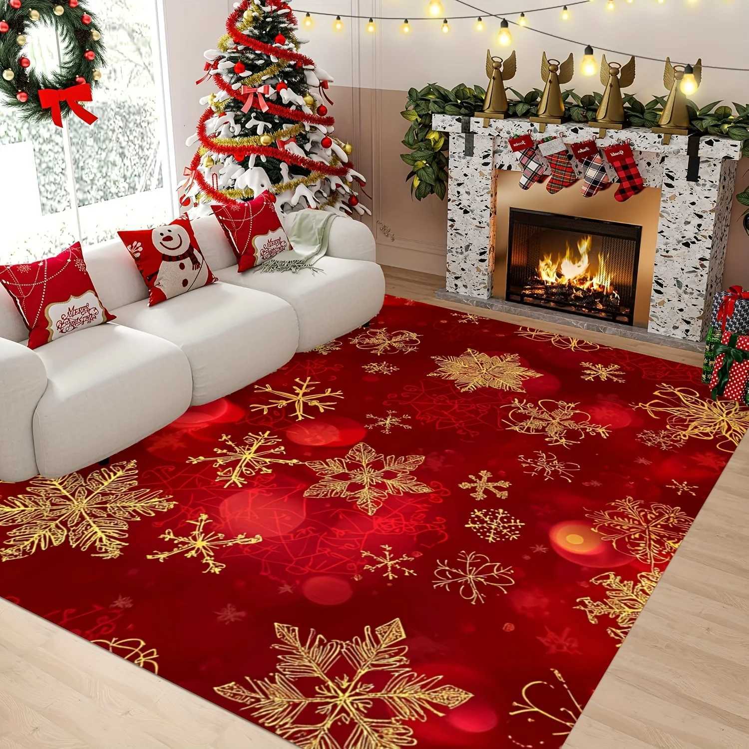 Golden Snowflake Christmas Area Rug - Featuring Red and Gold Design for Living Room Bedroom or EntrywayChristmas DecorationsM251117