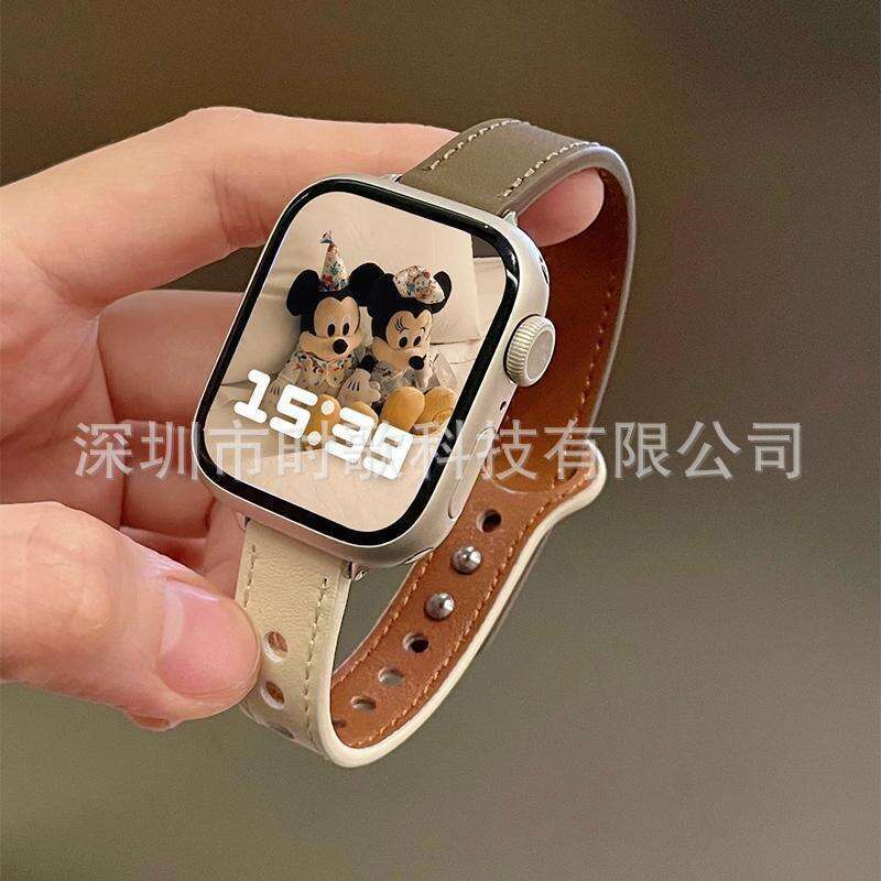 Suitable For Apple Watch Ultra Fine Double Nail Color Blocked Genuine Cowhide Small Waist Applewatch10 Strap