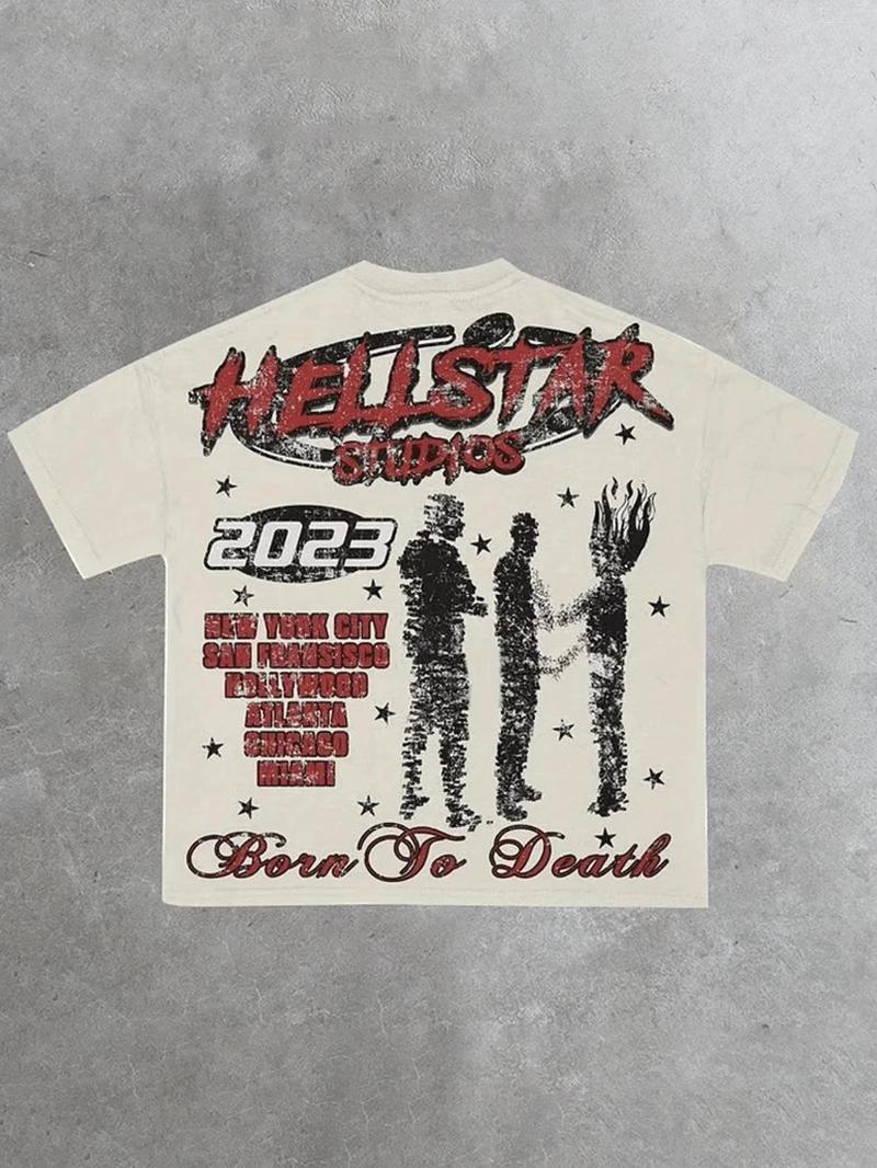Men's T Shirts 300G Crew Neck Short Sleeve T-Shirt Vintage Hcllstar GHosr Bike Casual Double Sided Printed Cotton Fashion