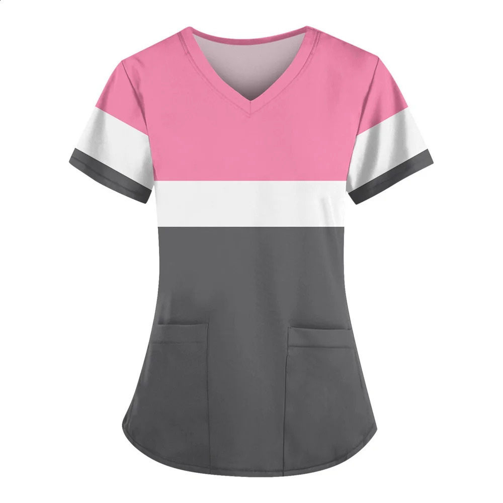 Scrubs for Women Trendy Nursing Workwear Summer Short Sleeve V Neck Uniforms Cute Casual Scrub Tops with Pockets 2025 250415