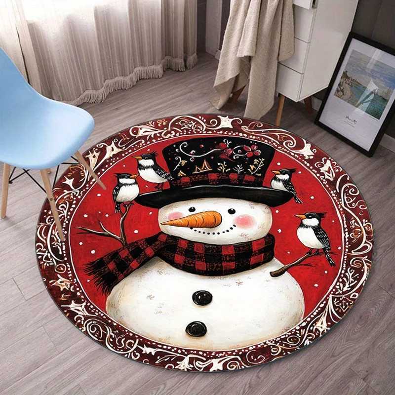 Christmas Snowman Birds Red Pattern Round Rug Crystal Velvet Floor Mat Holiday Decor Living Room Bedroom Carpet Festive DesignM251117