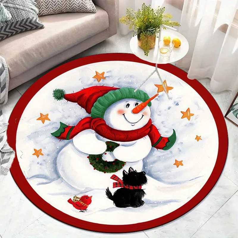 Snowman Christmas round rug festive winterholiday decor living room floor mat soft plush carpet with dog and birdkids and familyM251117