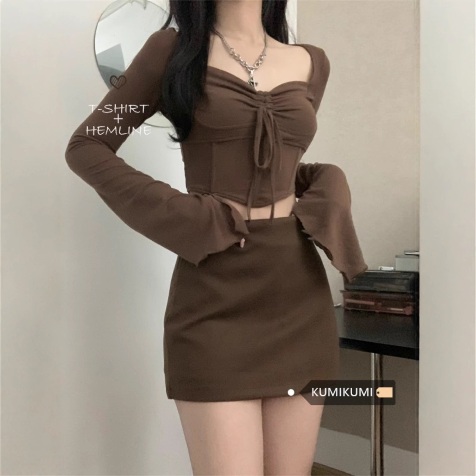 Pure Desire Style Hot Girl Petite Set for Women Autumn Sweet Drawstring Ruched Short Top Bodycon Short Skirt Two-Piece Set 241007