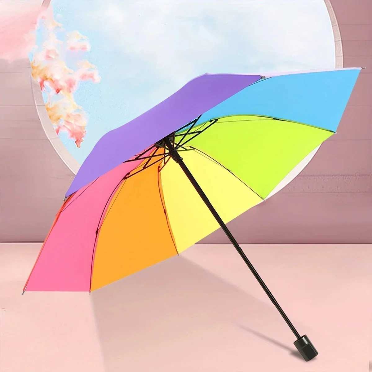 1pc - Rainbow Wonder - Portable Three- fold Umbrella with Short Handle Foldable Design for Effortless Style and Protection C251117