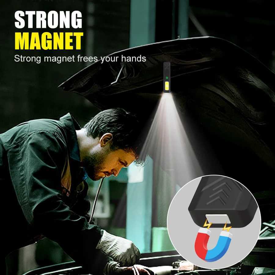 Portable RechargeableLED COB Dual Light Source Handheld Flashlights With 6 Lighting Modes/Magnet Mini Clip Flood Work Light M251117