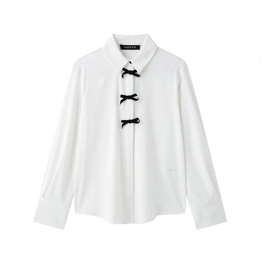 TRAF 2025 Womens Blouses in White Black and Beige Colors with Polka Dot Patterns Black Bow Details Long Sleeves and Collars 250417