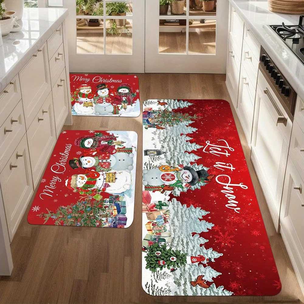 Christmas Snowman Snowflake Kitchen Mat Fleece Non-Slip Festive Rug for Living Room Bedroom Dining Holiday DecorM251117