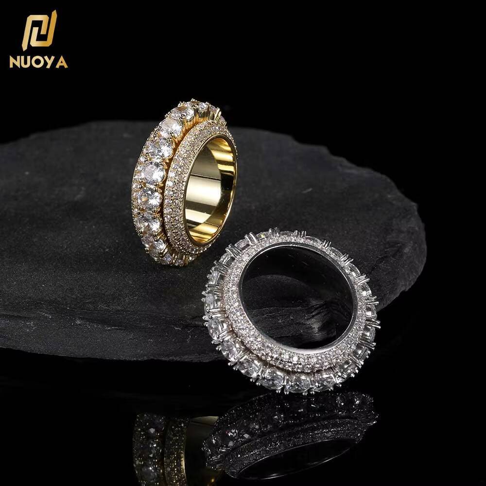 Moissanite Hip Hop Spin Ring Gold Plated Brass Pave CZ Stone Iced Out Rotating Ring for Men