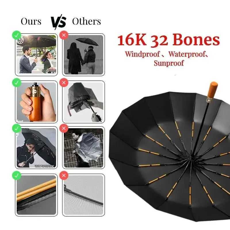 Business Fully Automatic Folding Umbrella Men and Women Windproof 32 Bone Wooden Handle Waterproof Sunshade Rain Umbrellas C251117