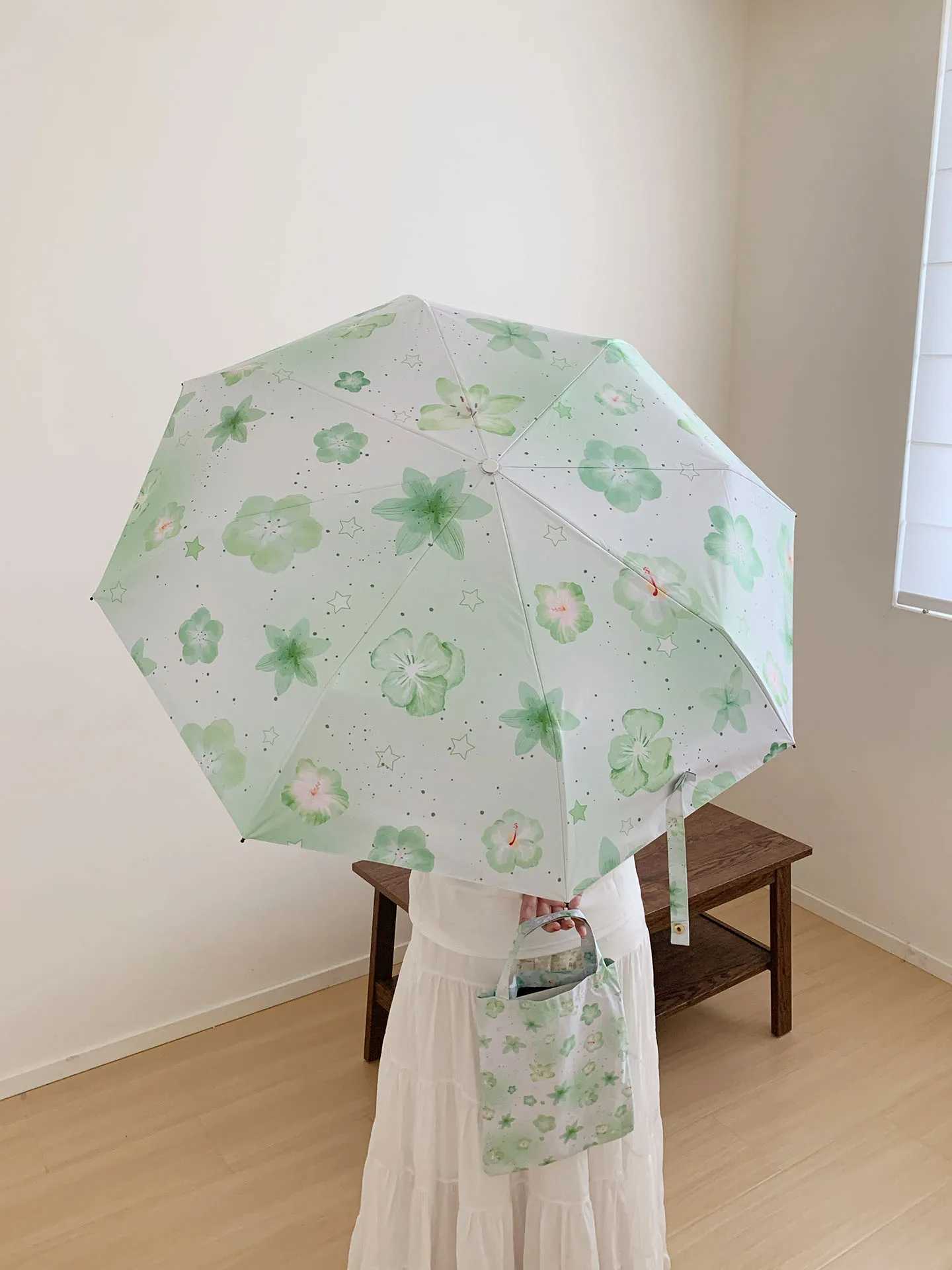 1Pc New Womens 70 off-Rib Umbrella Dual-Use for Sun and Rain Green Painted Theme Design Lightweight Suitable for Shopping Outdoor Sunshade Surprise Gi