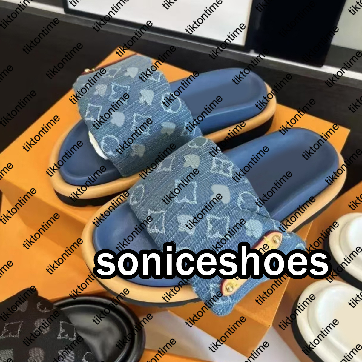 Designer Slipper Denim lvities Pillow Slides Summer Sandals Fashion Men Women Embossed Flat Front Padded Beach Slippers Platform Classic Sliders Sliop On 35-44