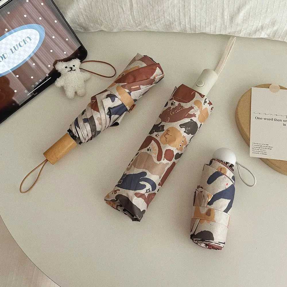 Modern Abstract Cat Printed Auto Umbrella - 3-Fold Portable Design Thick Black Lining Blocks 99 UV Artistic Durable 8 Ribs C251117